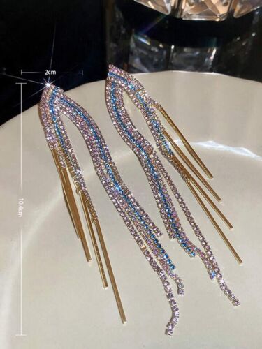 Gold, Blue and Lavender Rhinestones Tassel Drop Earrings