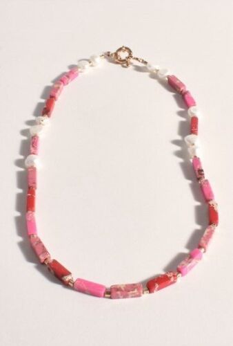 Pink Natural Stones And Precious Pearls Necklace With Gold Details