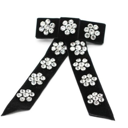 Black velvet hair Barrette/ bow With Floral/flower Rhinestones