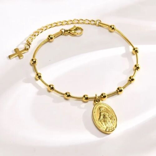 Gold Plated Virgin Mary Pendant Stainless Steel Rosary Style Chain Bracelet