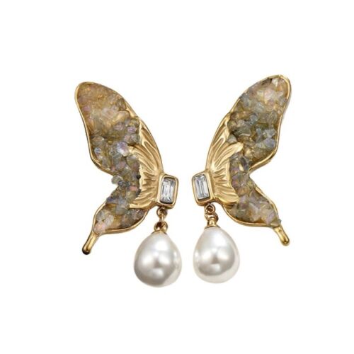 14k Gold Plated Stainless Steel Crystal Gemstones, Pearl Butterfly Stud Earring