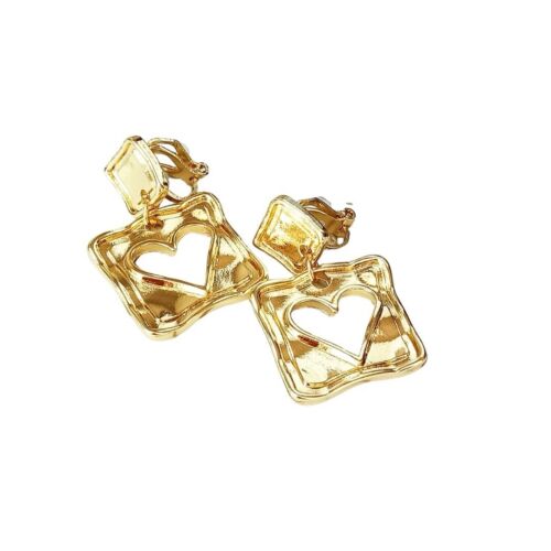 Gold Square Cutout Heart Clip On Drop Earring