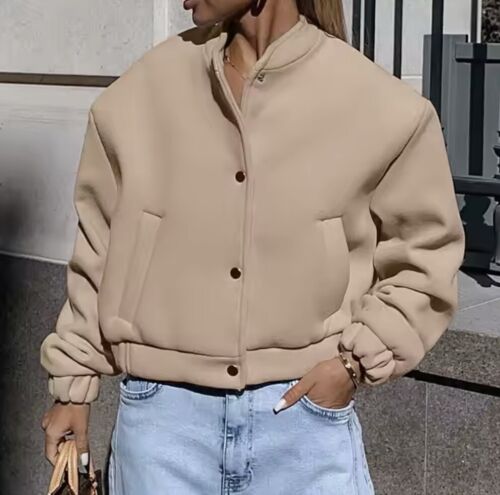 Beige Priest Collar Style Snaps Bomber Jacket Size S