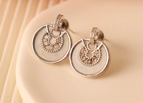 Silver Plated And White Enamel, Zircon Round Copper Mini Stud Earrings