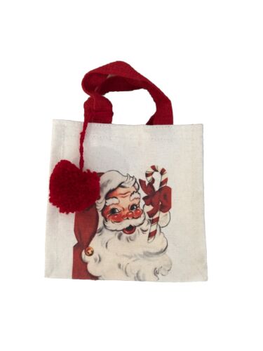 Beige Cotton Canvas Santa With Red Pompom Mini Tote Bag