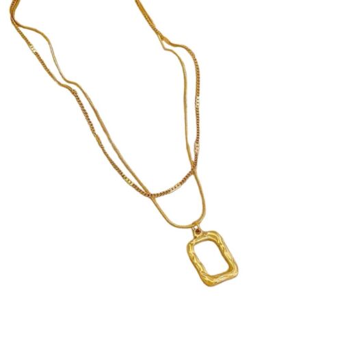 18k Gold Plated Titanium Steel Double Chain With Square Pendant Necklace