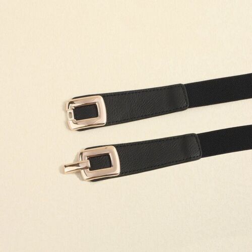 Black  And Gold Square Buckle Adjustable Elastic Band Women’s Belt