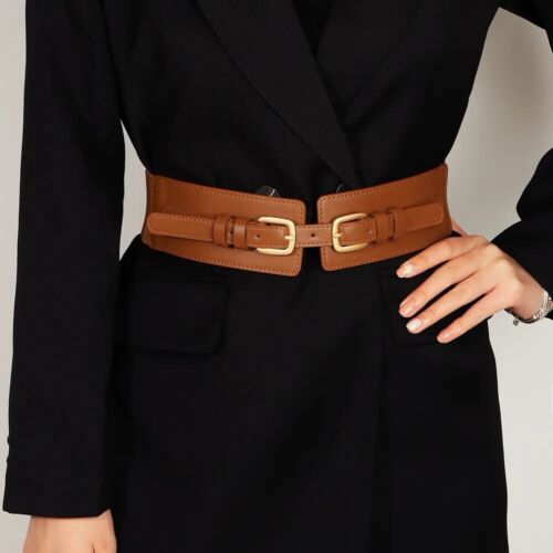 Camel And Gold Double Buckle Adjustable Elastic Band Women’s Belt