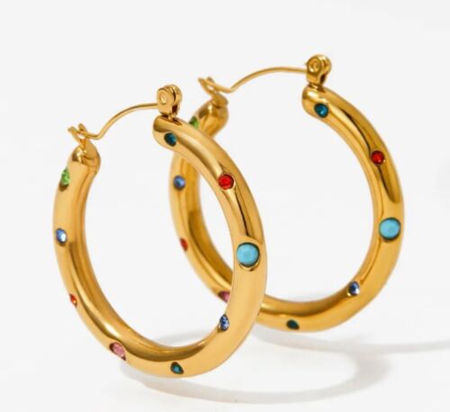 Colourful Cubic Zirconia And Gold Plated Stainless Steel Hoop Earrings