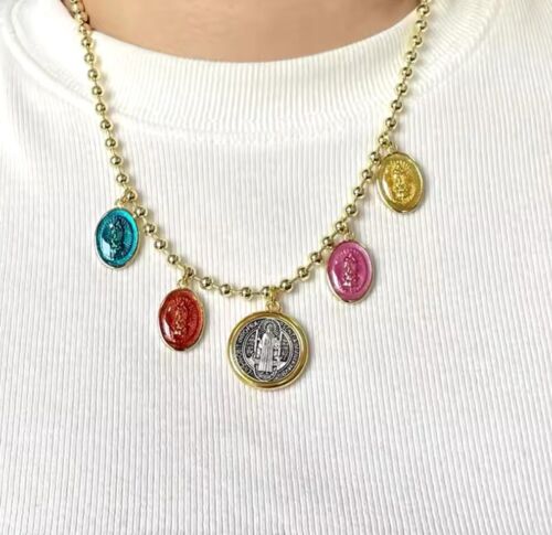 Gold Plated Jesus And Virgin Mary Multicolored Pendants Retro Style Necklace