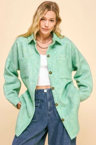 Mint Green Fuzzy Textured Button Up Long Shirt Jacket/Shacket Size S