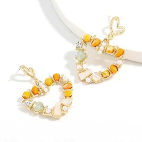 Orange And Gold Stones Round Heart Drop Earrings