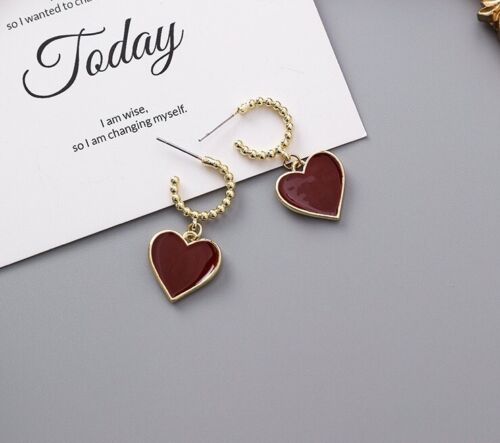 Red Enamel And Gold Heart Hoop Drop Earring