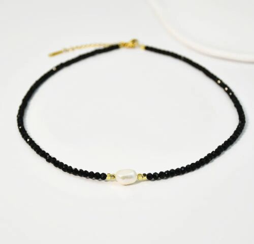 Black Beaded Glass Stones And Cultured Pearl Necklace