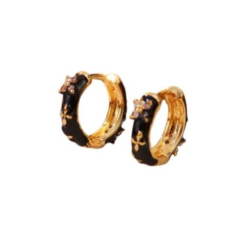 Black Epoxy, Flower Zircon And 14k Gold Plated Mini Hoop Earrings