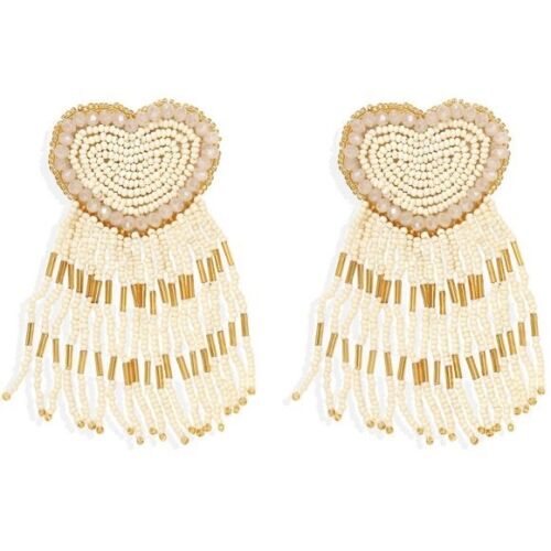 White beaded Tassels Heart Earrings