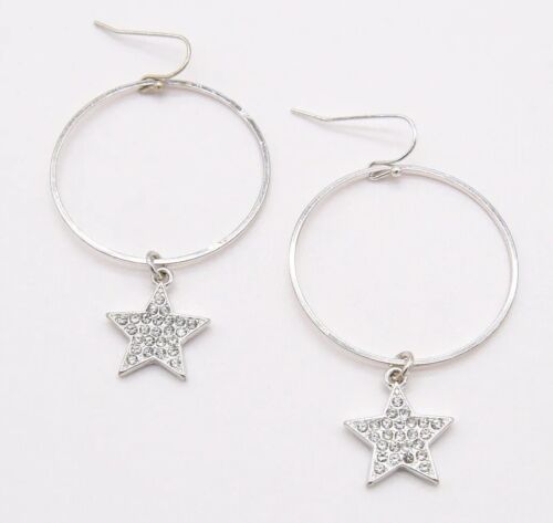 Silver Hoop Rhinestone Star Charm Drop Earring