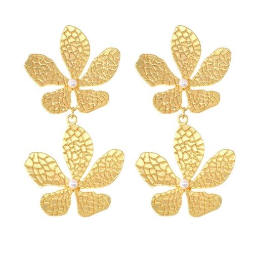 Gold Double Flower/Floral Drop Earring With Pearls