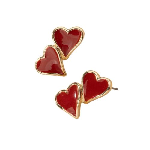 Gold And Red Enamel Double Hearts Stud Earring