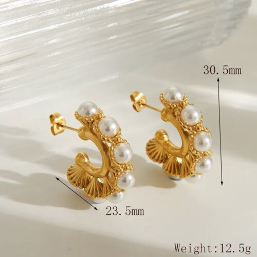 18k Gold Plated Stainless Steel Pearls Hoop Earring