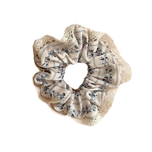 White Velvet Floral Hair Scrunchie/ Hair Tie With White Lace Edges