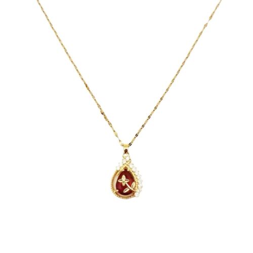 Gold Plated Stainless Steel Chain With Floral Red Glass Stone Pendant Necklace