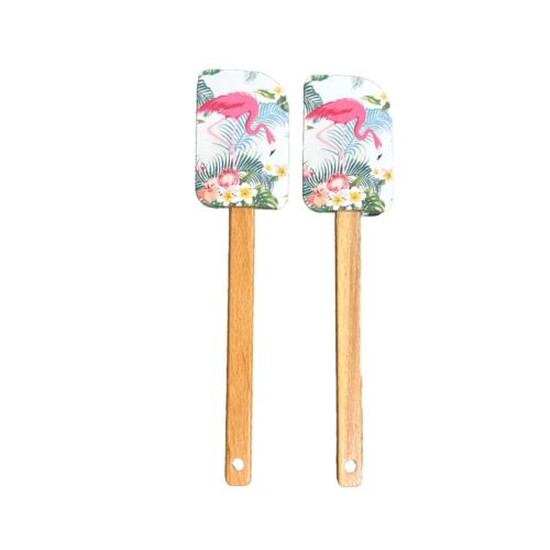 White Flamingo Wooden Handle Silicone Scrapper/Stirring Spatula Set Of 2