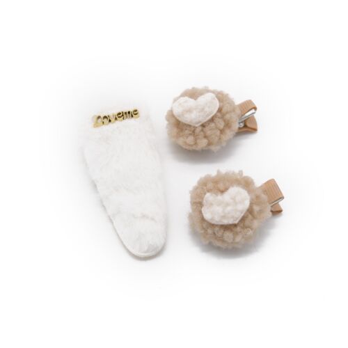 White And Beige Love Faux Fur 3 Piece Hair clip /Hairpiece Set