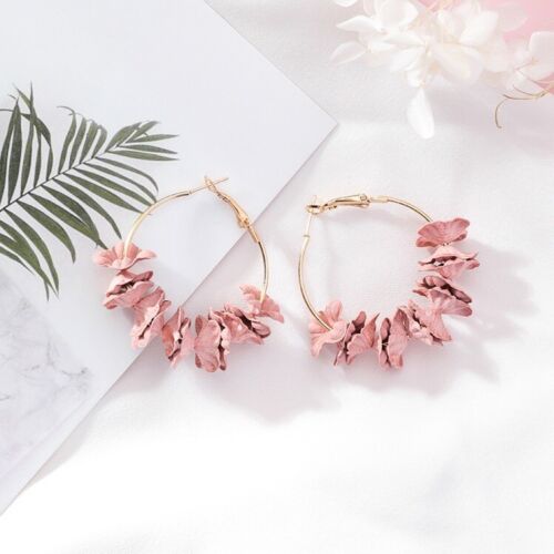 Pink Floral Petal Fashion Gold Hoop Drop Earring