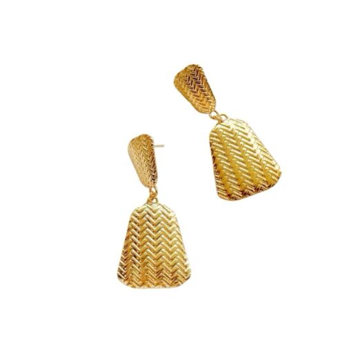 Gold Plated Stainless Steel Metal Chevron Textured Shapes Drop Earring