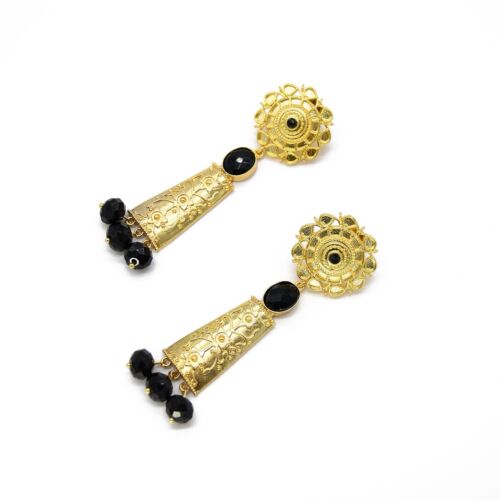 Handmade 22k Gold Plated Brass Black Onyx Flower Drop Earrings