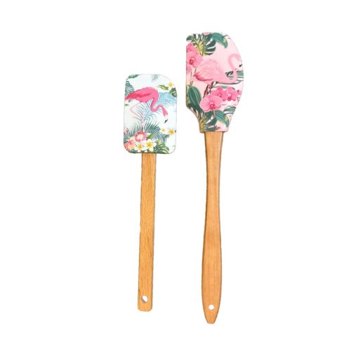 Pink And WhiteFlamingo Wooden Handle Silicone Scrapper/Stirring Spatula Set Of 2