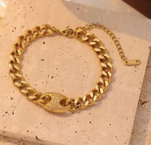 Gold Stainless Steel With Zircon Stones Chain Bracelet