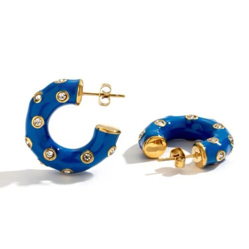 Blue Epoxy And Zircon 18k Gold Plated Stainless Steel Hoop Earrings