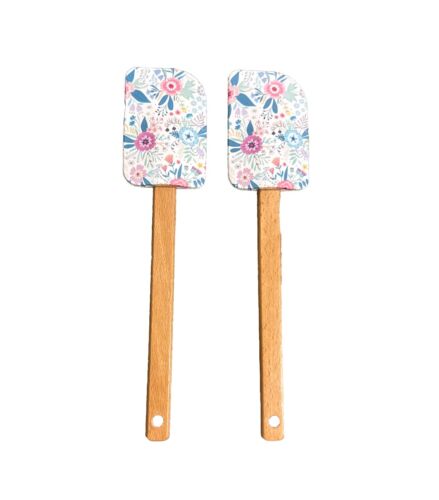 Floral Wooden Handle Silicone Scrapper/Baking Tools Stirring Spatula Set Of 2