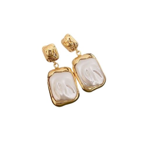 Gold Pearl Squared Drop Earring