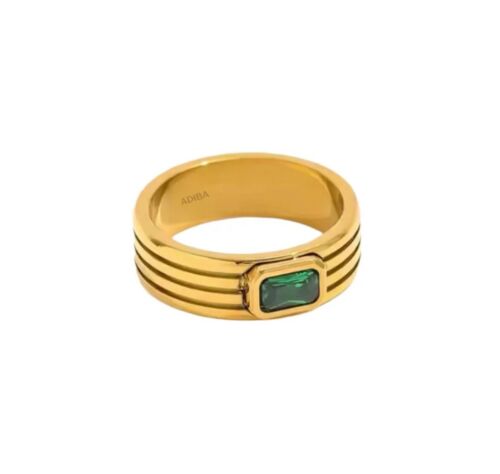 Green Glass Stone 18k Gold Plated Stainless Steel Ring Size 7