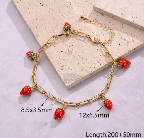 18k Gold Plated Copper Red Enamel Cherry Charms Bracelet