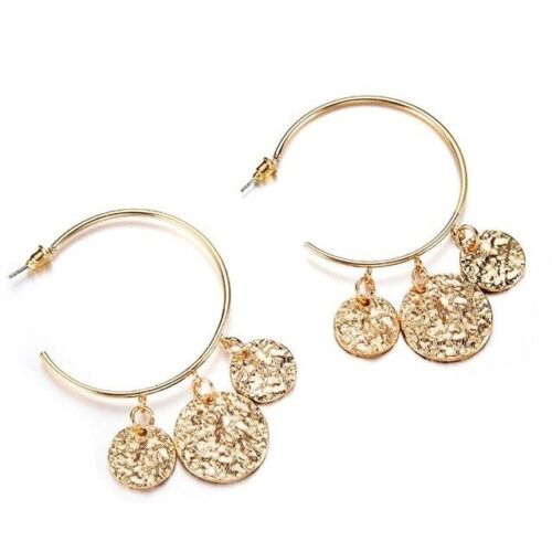 Gold Hoop With Round Hammered Pendants Earring