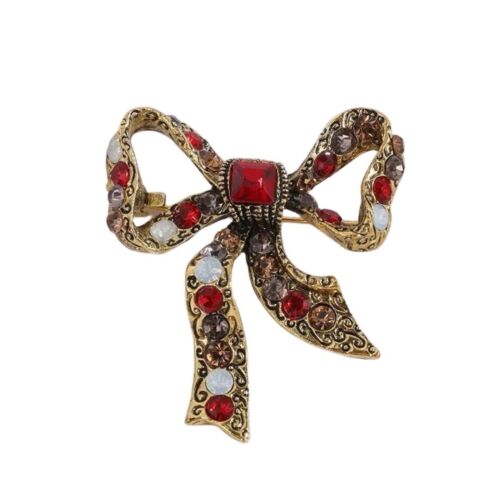 Gold Plated Retro Style Bow With Red Rhinestones Brooch