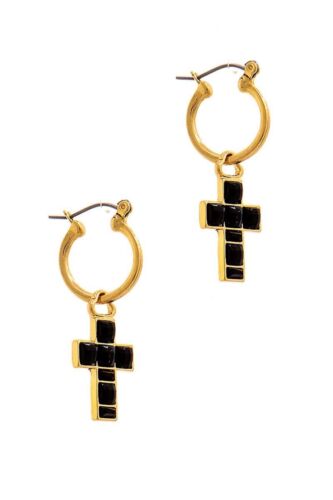 Black Glass Beads And Gold cross pendant Hoop Earring