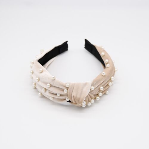 Crème/Beige Soft Velvet Pearl Knot Headband/Hairband