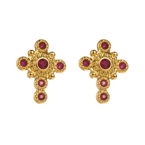 Gold Plated Stainless Steel Vintage Style Cross With Red Stones Stud Earring