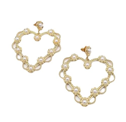 Gold Hollow Pearls Heart Drop Earrings