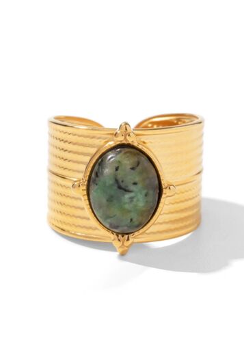 Gold Chunky Green Stone Stainless Steel Adjustable Ring