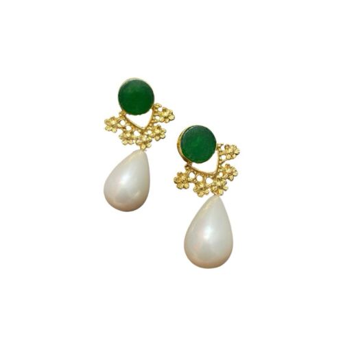 22k Gold Plated Brass Handmade Pearl And Jade Stone Drop Earrings