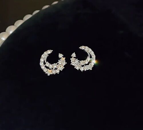 Silver Plated And White Enamel Zircon Moon Shape Mini Stud Earrings