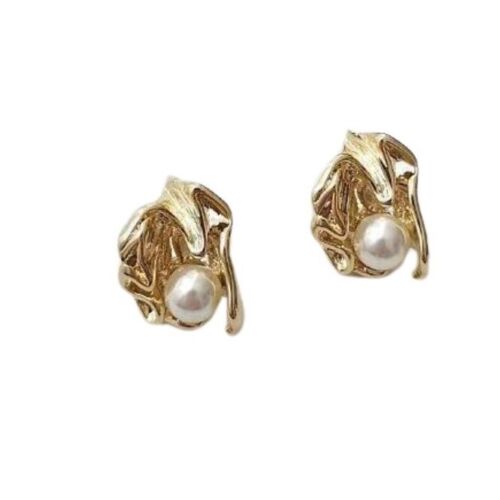 14k Gold Plated Copper Vintage Style Pearl Matte Stud Earrings