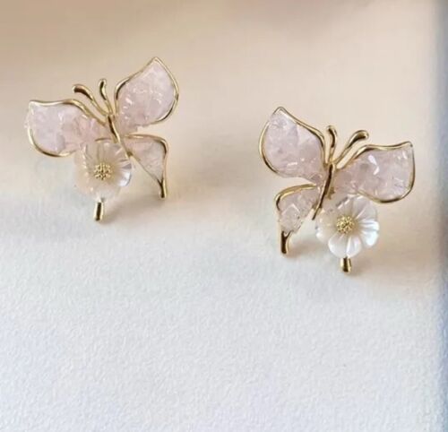 Powder Pink Glass Stones Gold Floral Butterfly Stud Earring