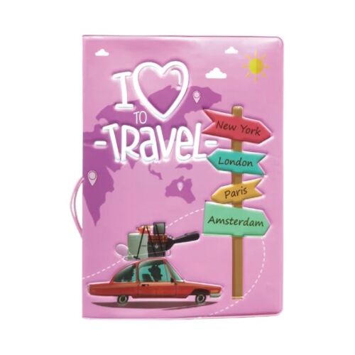 Pink Faux Leather I Love Travel Passport Cover/ Holder